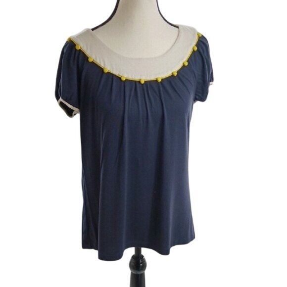 BCBGMaxAzria Blouse Blue Smocked Button Detail Short Sleeve Mid Century Size S - Picture 1 of 8